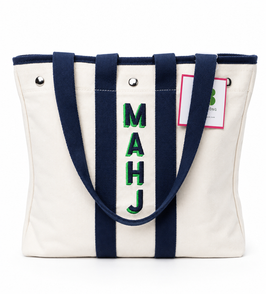 Embroidered Waxed Canvas Tote - White & Navy