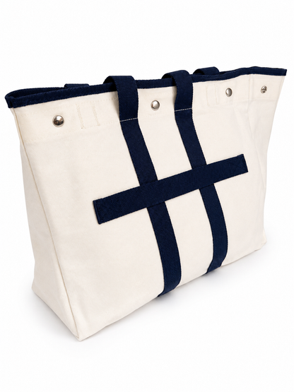 Embroidered Waxed Canvas Tote - White & Navy