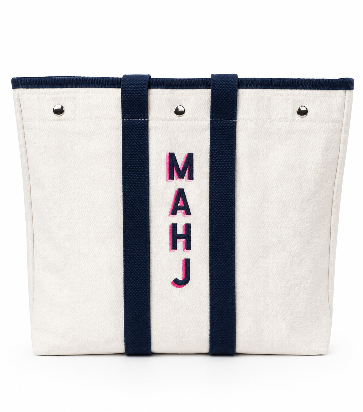 Embroidered Waxed Canvas Tote - White & Navy