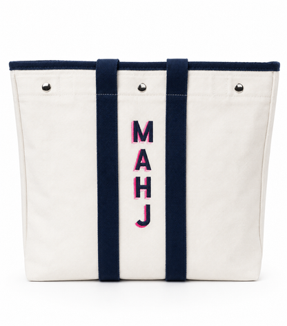 Embroidered Waxed Canvas Tote - White & Navy
