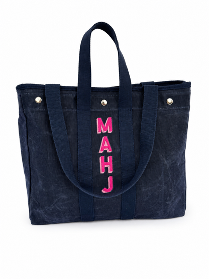 Embroidered Waxed Canvas Tote - Navy