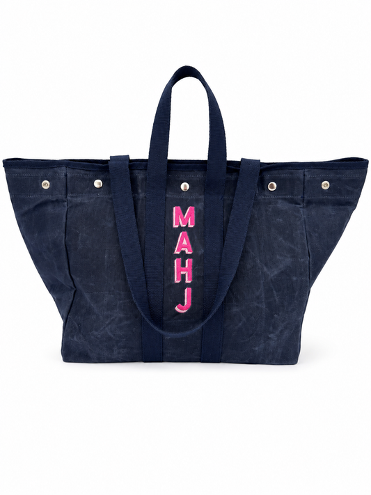 Embroidered Waxed Canvas Tote - Navy