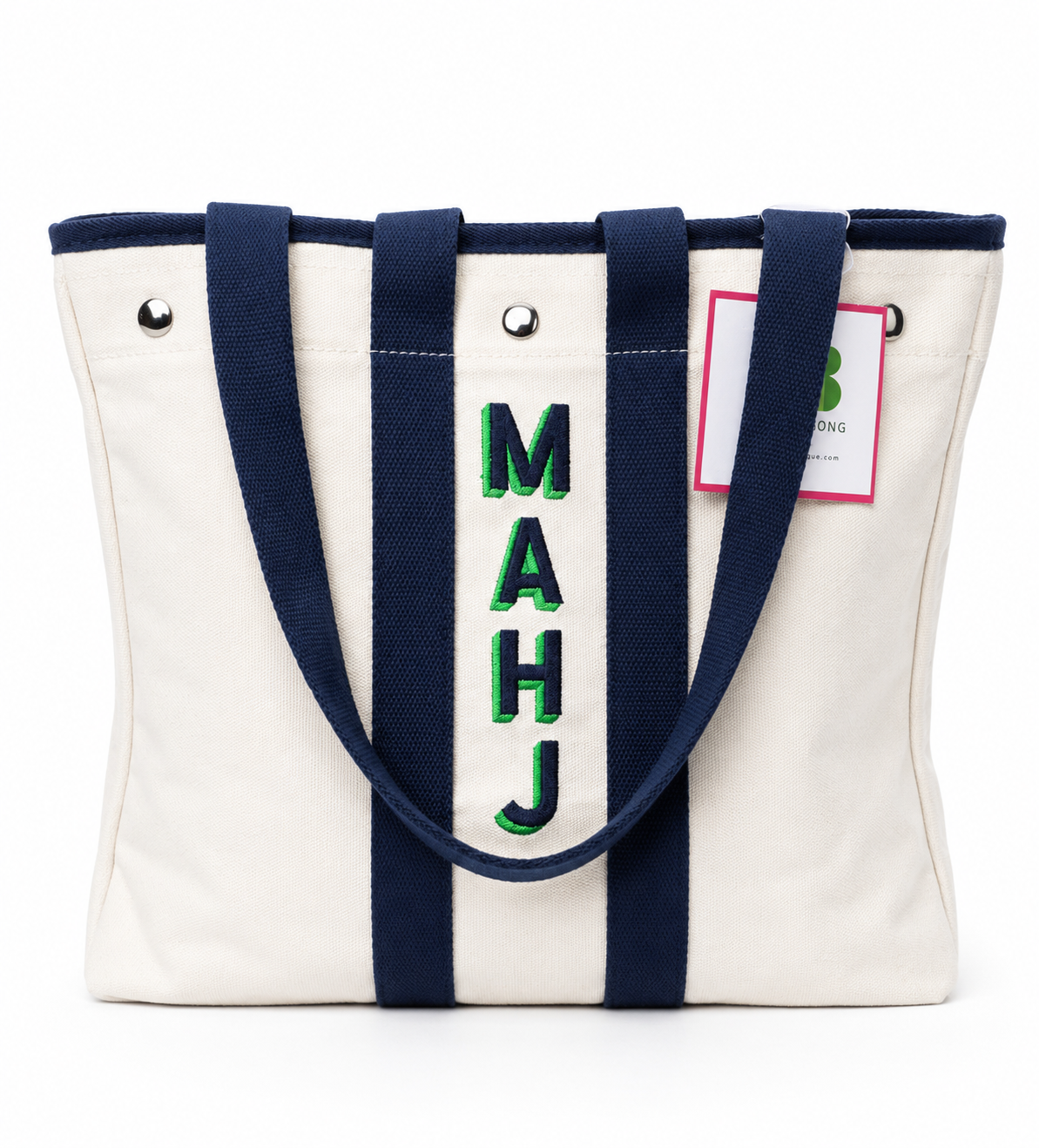 Embroidered Waxed Canvas Tote - White & Navy