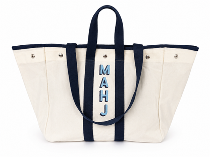 Embroidered Waxed Canvas Tote - White & Navy