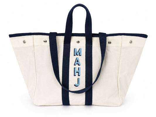 Embroidered Waxed Canvas Tote - White & Navy