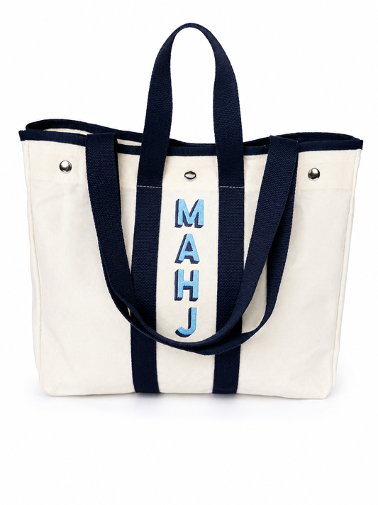 Embroidered Waxed Canvas Tote - White & Navy